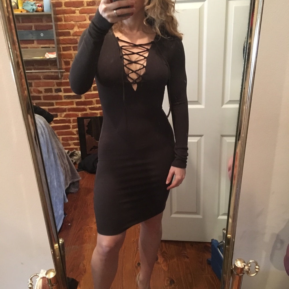 Army green ribbed sweater dress, lace up